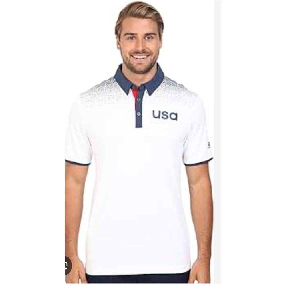 M705) Adidas Golf Men's Climachill USA Shoulder Print Polo Shirt Large?